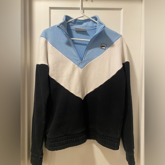 Fila Tops - Fila Women’s Light Blue, White, and Black 3/4 Zip-Up Sweatshirt